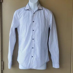 Mens Zara Navy Blue White Dot Print Floral Long-sleeve Dress Button Down Shirt